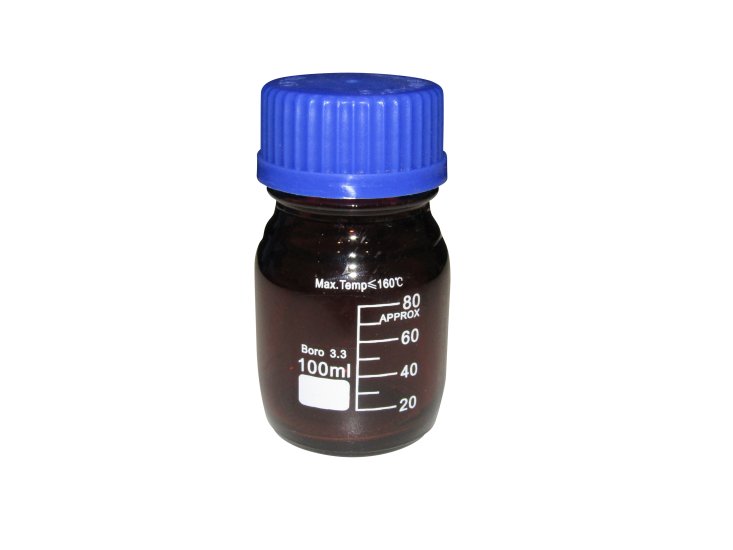 (image for) Bottle, Reagent, Amber Glass, 100ml, Graduated, with Blue Screw Cap